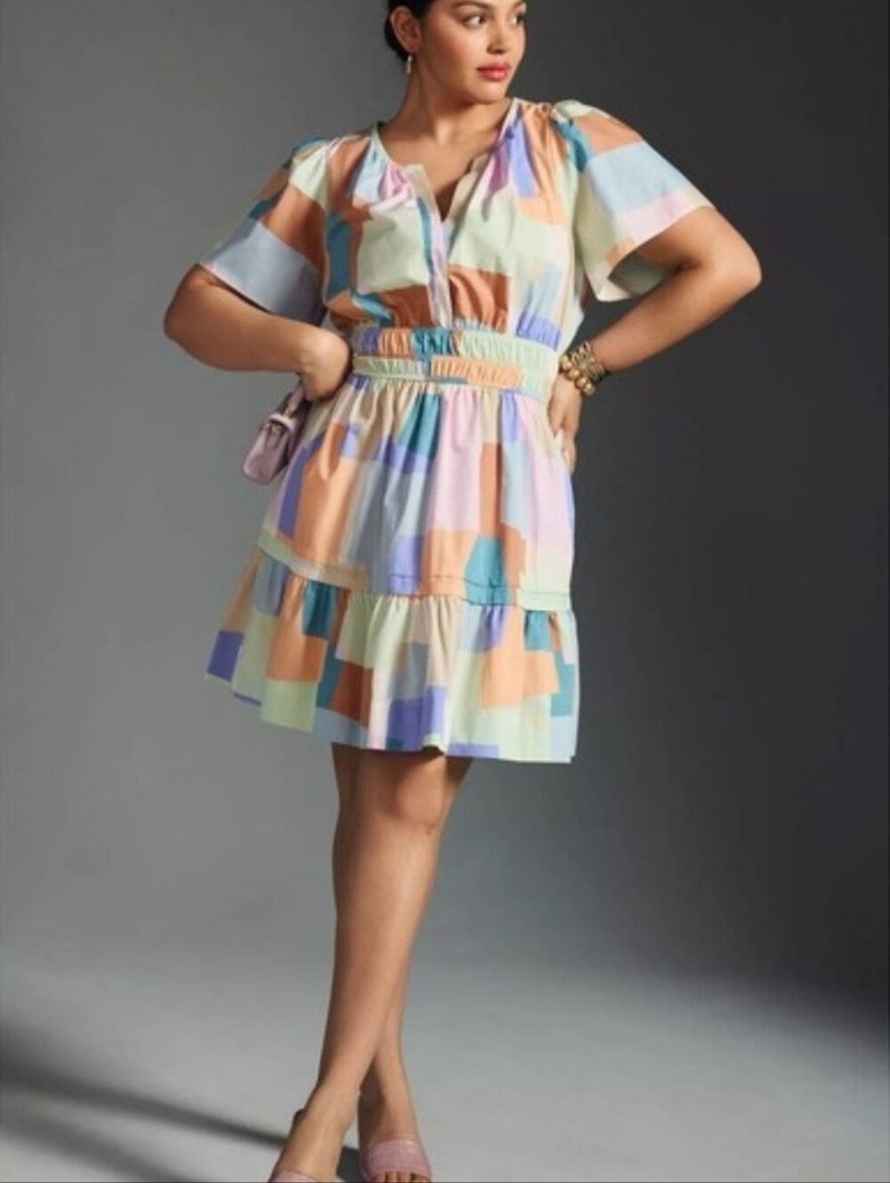 Anthropologie Somerset Mini Tiered Dress Size L Pastel Multi Color Geometric Boh